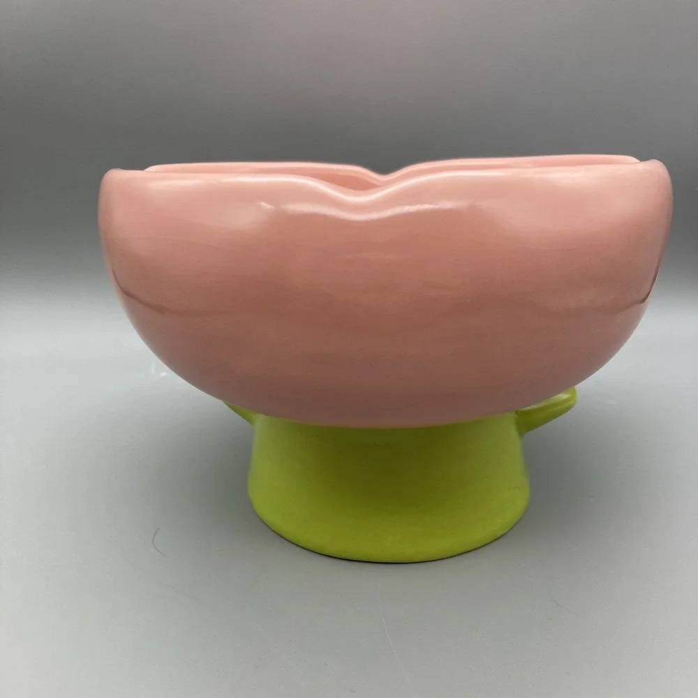 Whisker Friendly Flower Shaped Ceramic Pet Food Bowl Elevated Tilted Pink Green